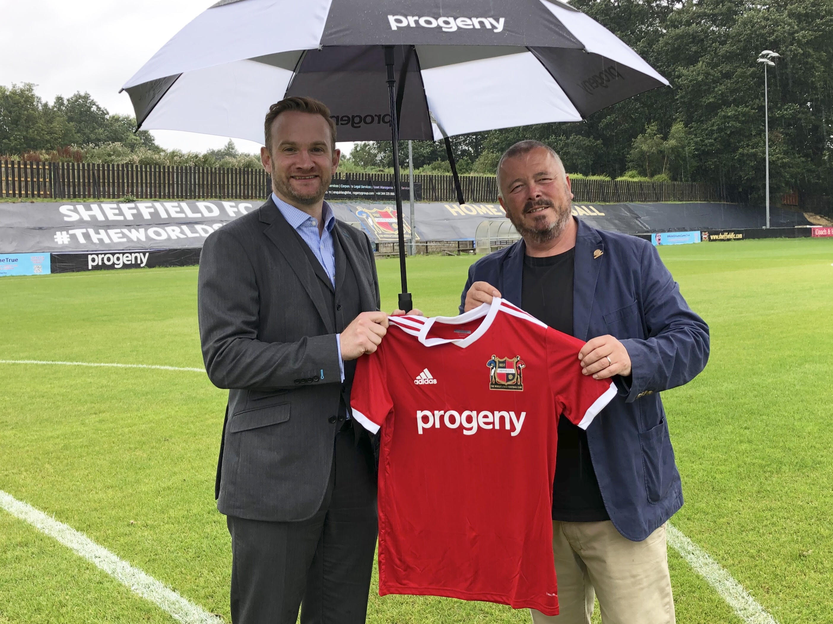 Alex Shaw, Director of Progeny, and Richard Tims, Chairman of Sheffield FC, with the team’s new kit showing Progeny logo