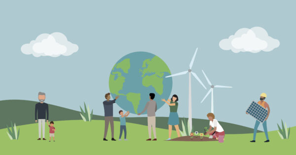 Graphic of people holding up the earth, wind turbines, solar panels