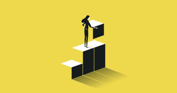 Illustration of woman putting building blocks in place