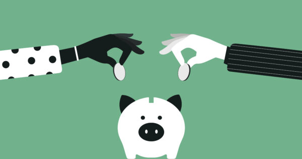 Illustration of two hands putting money in a piggy bank