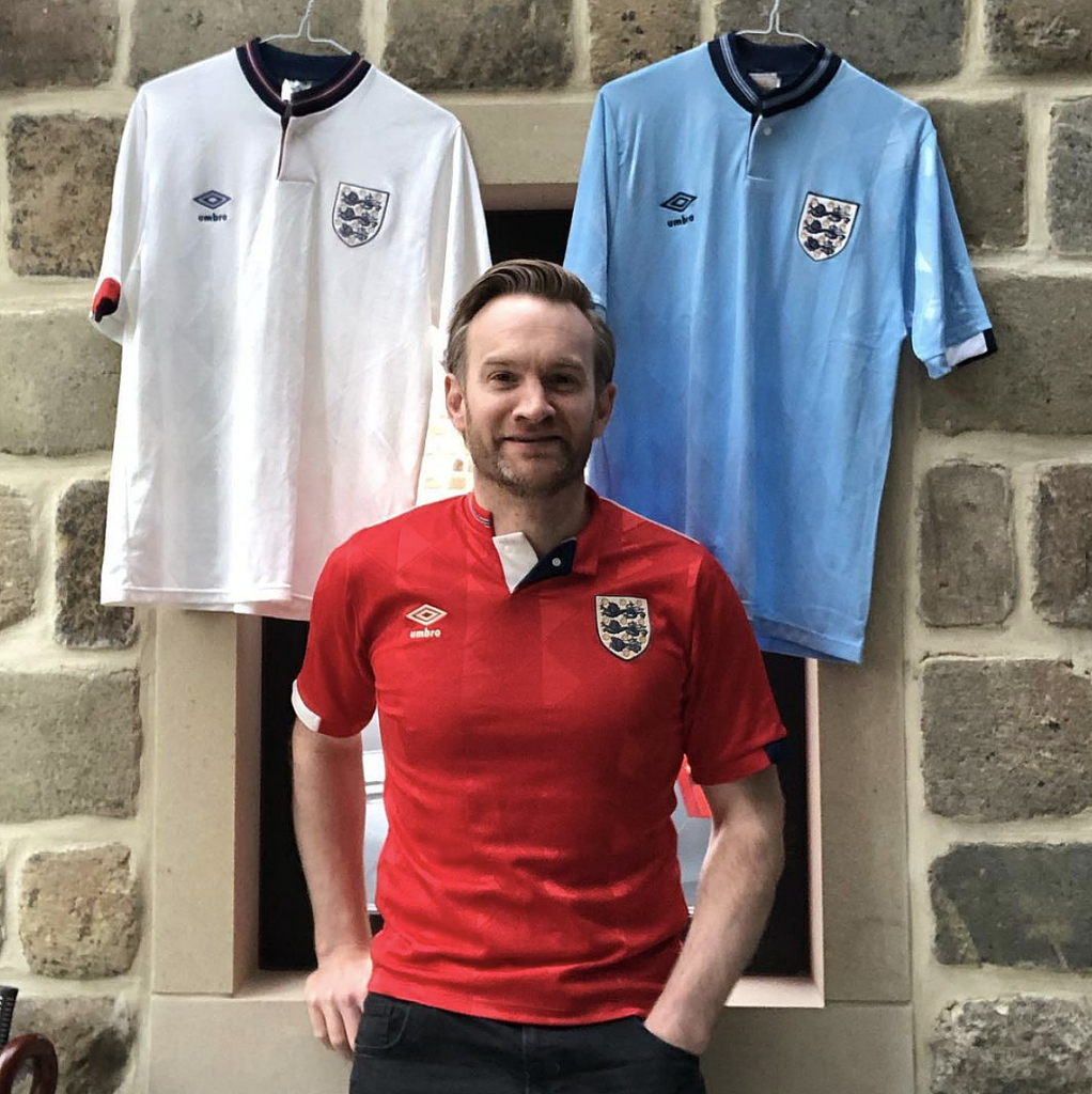 Alex Shaw with England shirts