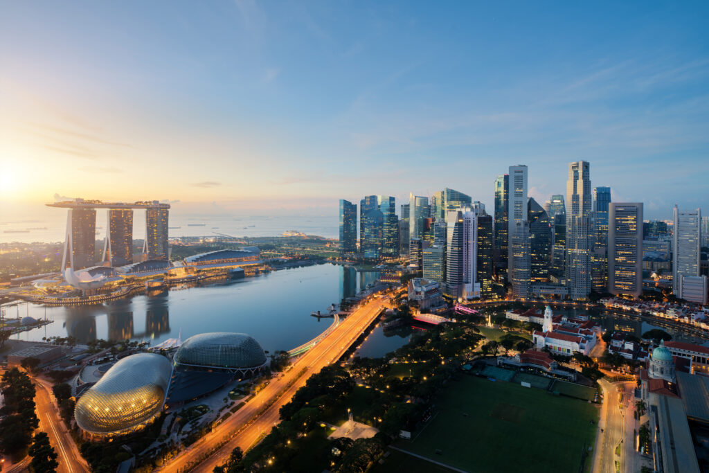 Marina Bay area in Singapore at sunset