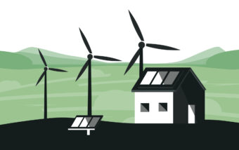 Illustration of house and wind turnbines in front of hill landscape