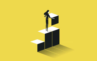 Illustration of woman putting building blocks in place