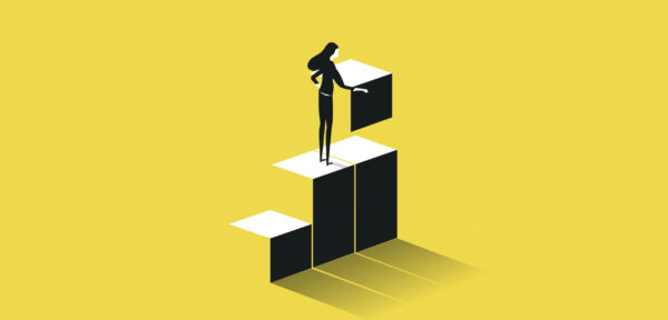 Illustration of woman putting building blocks in place