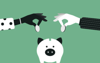 Illustration of two hands putting money in a piggy bank