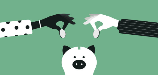 Illustration of two hands putting money in a piggy bank