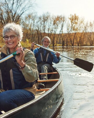 Lake,,Rowing,And,Kayak,With,Old,Couple,,Nature,And,Retirement